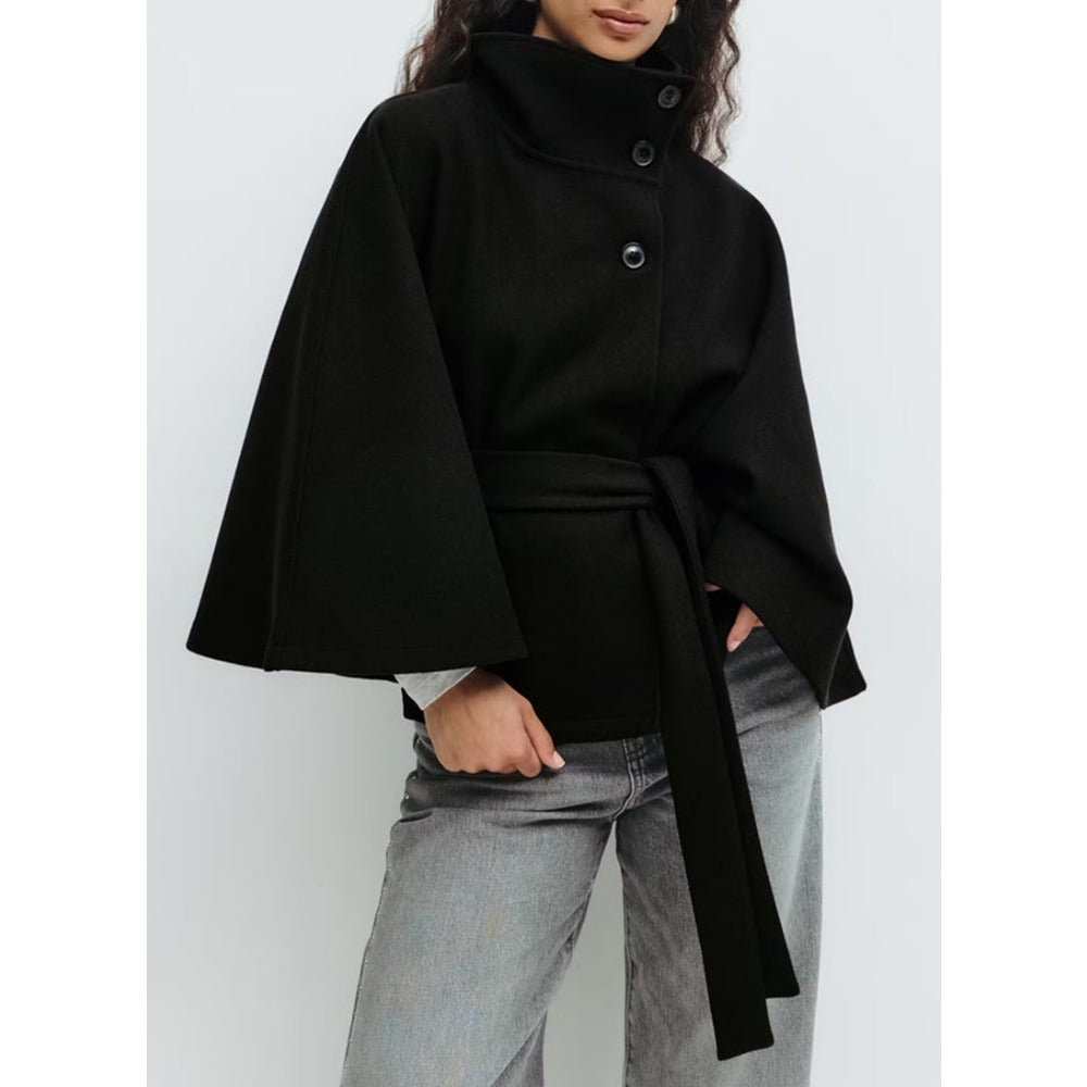 Damen Cape-Mantel Stehkragen Taillengürtel Winter Mantel 6