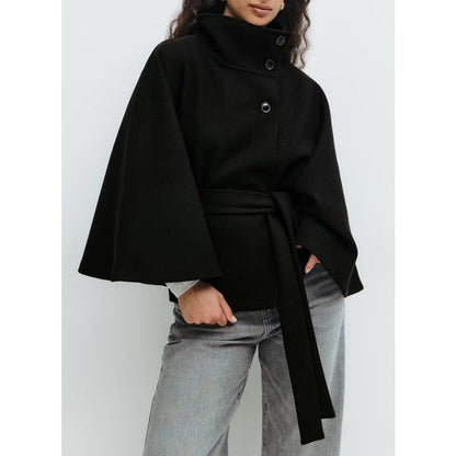 Damen Cape-Mantel Stehkragen Taillengürtel Winter Mantel 6