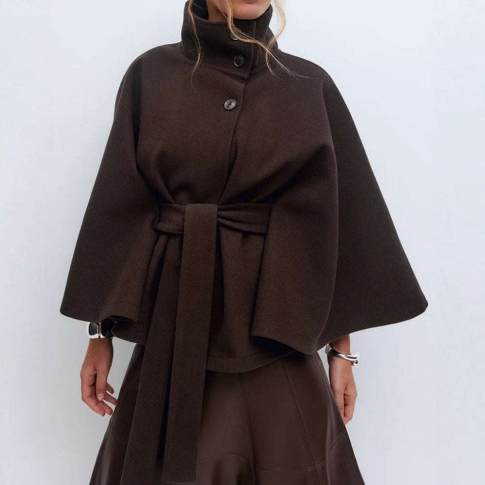 Damen Cape-Mantel Stehkragen Taillengürtel Winter Mantel 5