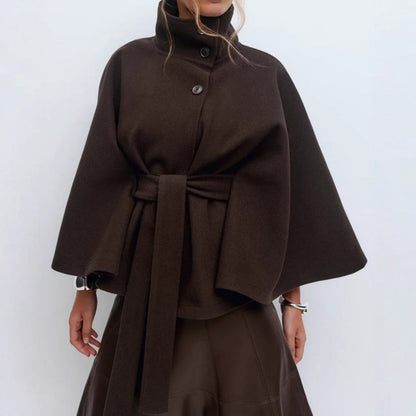 Damen Cape-Mantel Stehkragen Taillengürtel Winter Mantel 5