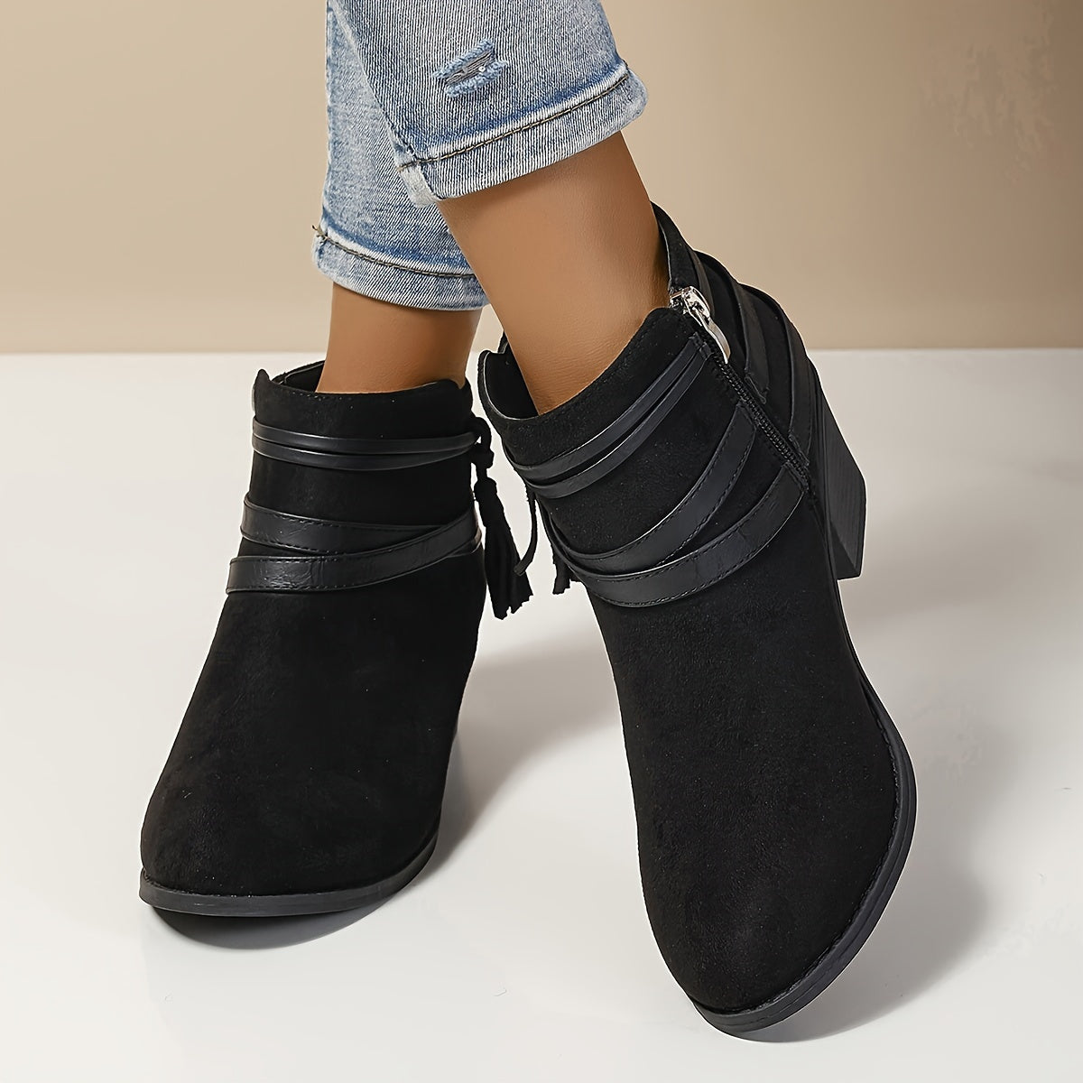 Callista | Damen Ankle Boot mit Blockabsatz & Fransen - Black - Image 1