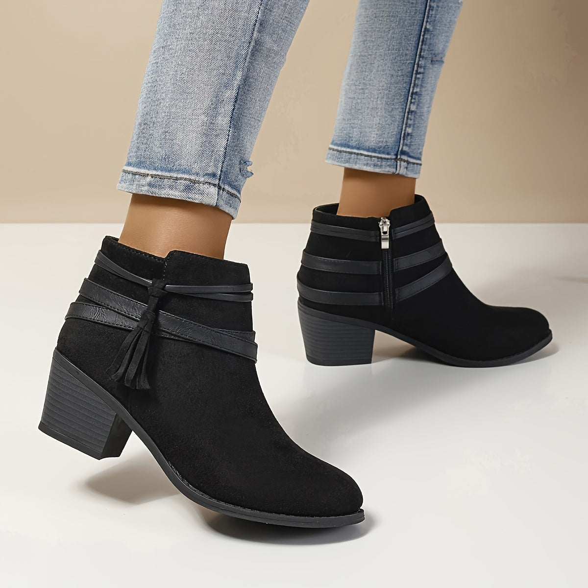 Callista | Damen Ankle Boot mit Blockabsatz & Fransen - Black - Image 7