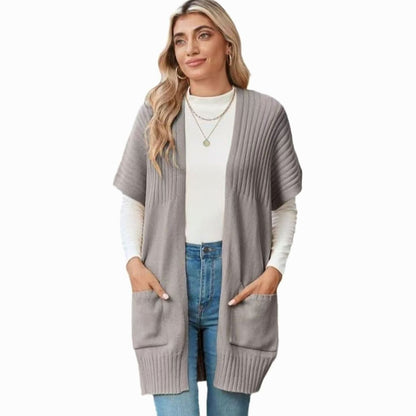 Cameron Strickjacke Damen Offene Front Kurzarm mit Taschen - Hellgrau