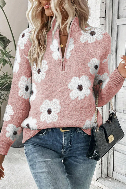 Strickpullover Damen | Blumenmuster & Bequemer Half-Zip 4