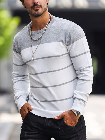 Corvald | Herren Gestreifter Rundhals Strickpullover - Grey - Image 1