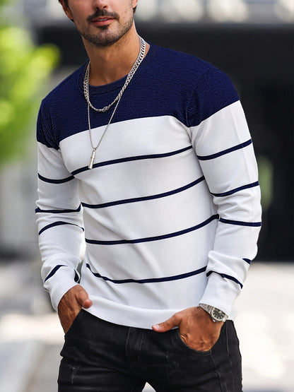 Corvald | Herren Gestreifter Rundhals Strickpullover - Grey - Image 10