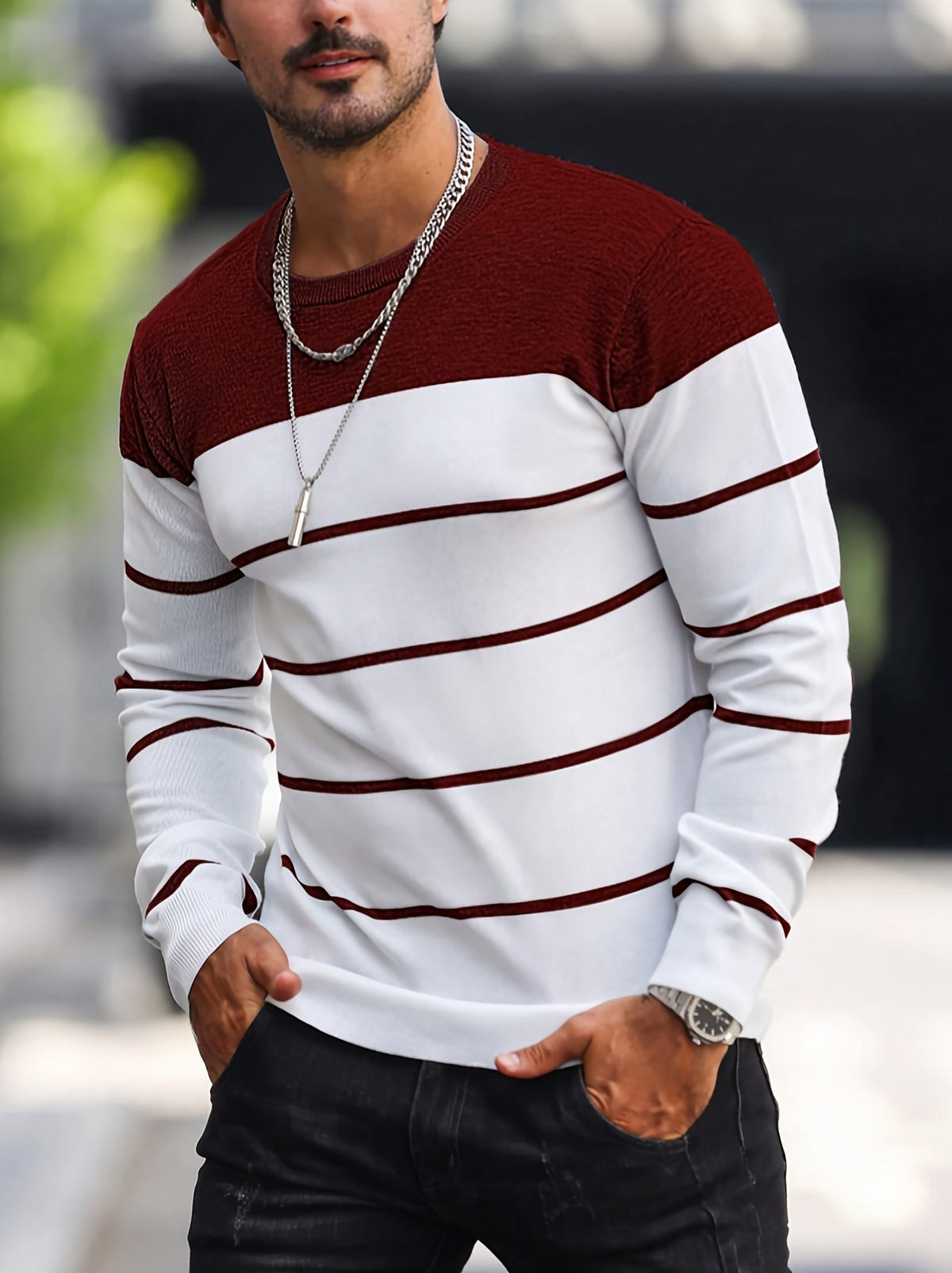 Corvald | Herren Gestreifter Rundhals Strickpullover - Grey - Image 12