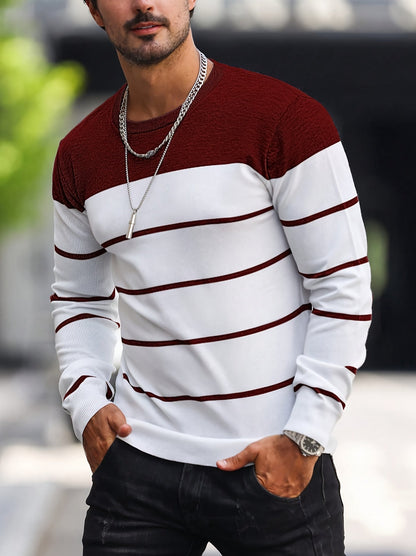 Corvald | Herren Gestreifter Rundhals Strickpullover - Grey - Image 12