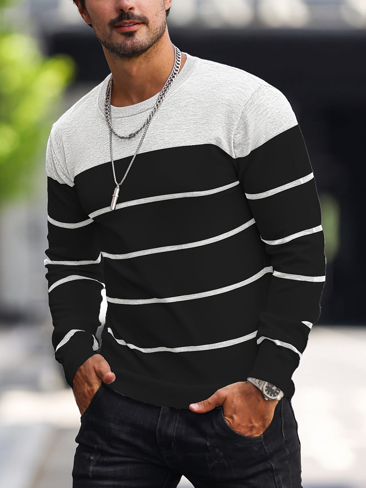 Corvald | Herren Gestreifter Rundhals Strickpullover - Grey - Image 19