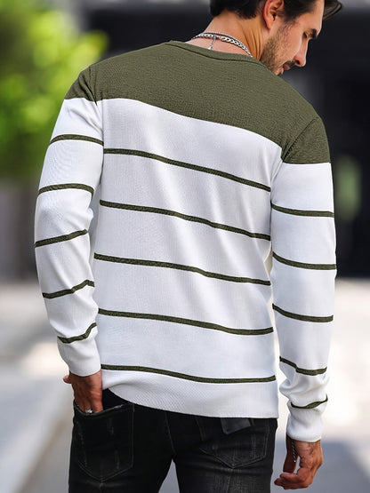 Corvald | Herren Gestreifter Rundhals Strickpullover - Grey - Image 3