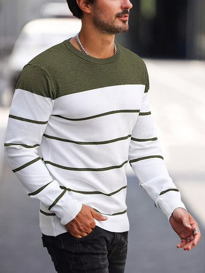 Corvald | Herren Gestreifter Rundhals Strickpullover - Grey - Image 8