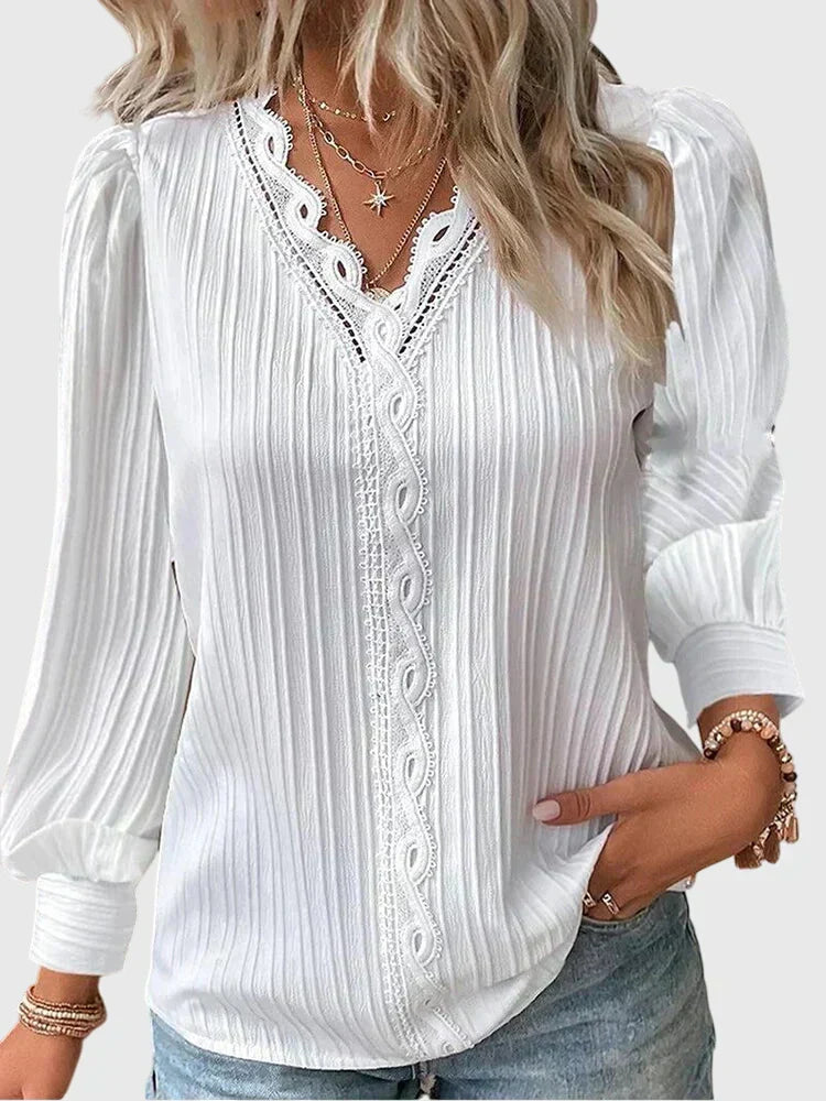 Pullover-Bluse Damen | Eleganter V-Ausschnitt mit Spitze 1