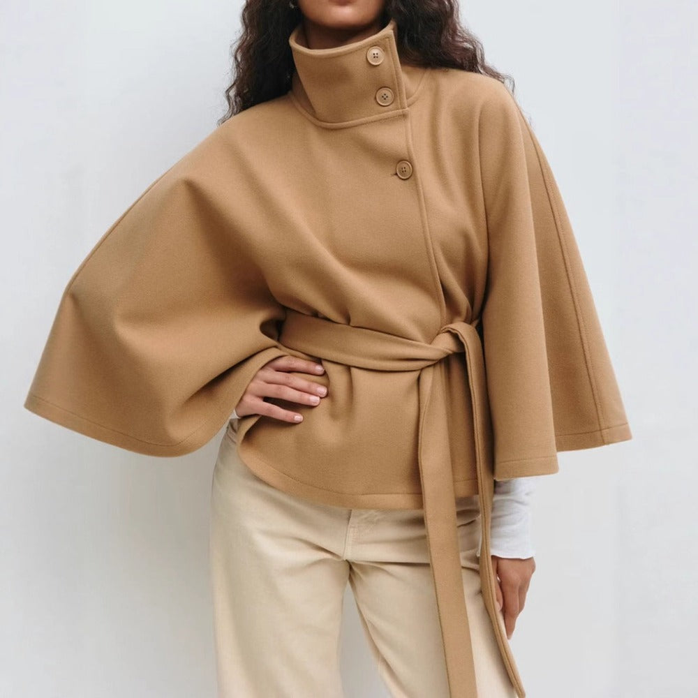 Damen Cape-Mantel Stehkragen Taillengürtel Winter Mantel 1