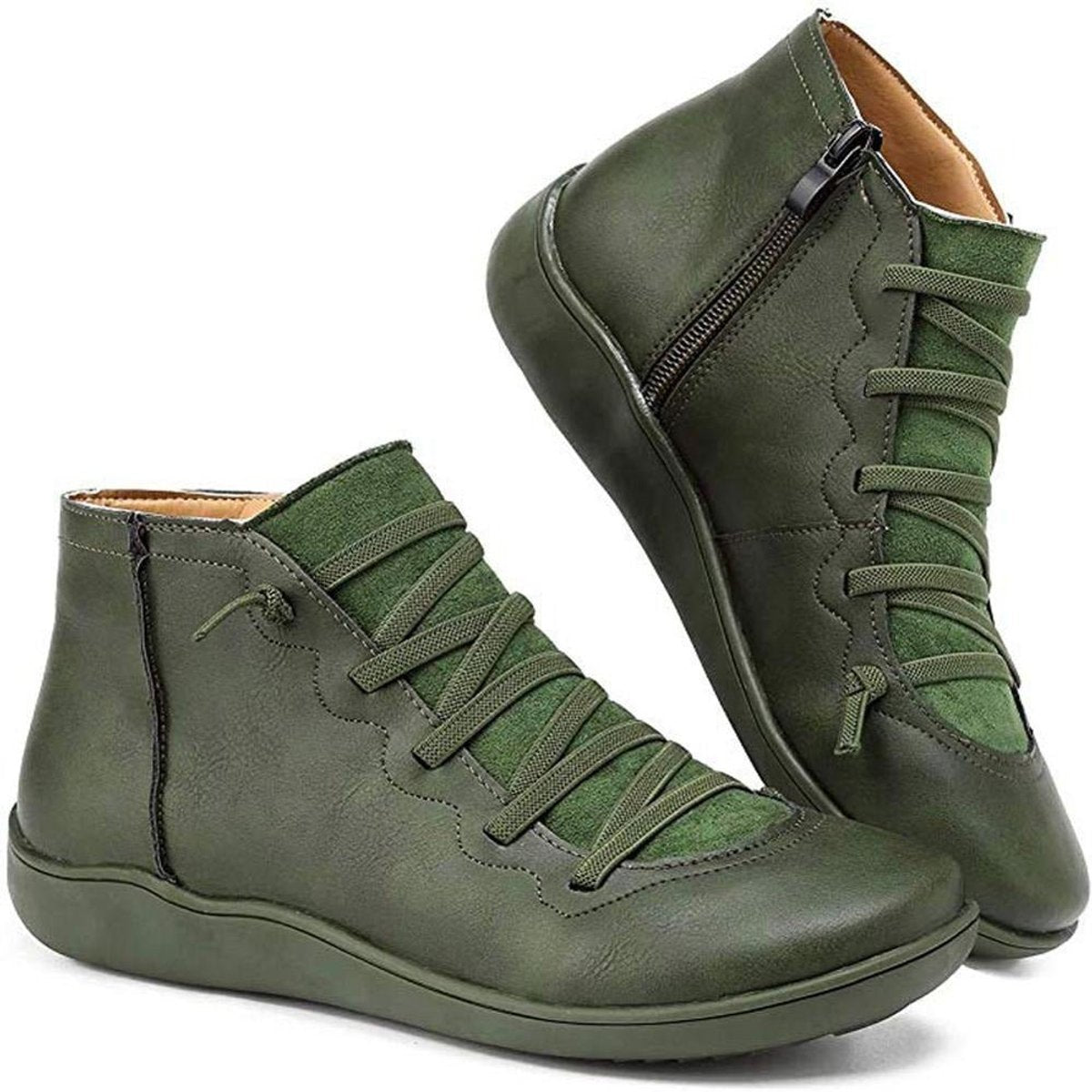 Damen Ankle Boots Flache Schnür-Stiefeletten mit Reißverschluss - Grün