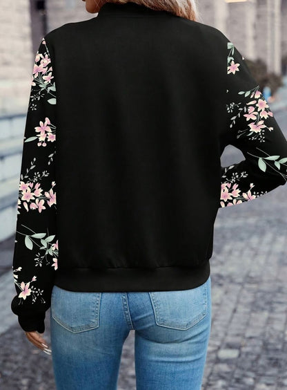 Damen Übergangsjacke Bomberjacke Blumenprint-Ärmel Reißverschluss