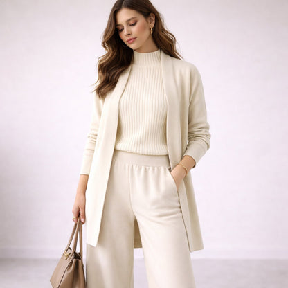 Damen Dreiteiliges Strick-Loungewear-Set mit langem Cardigan - White