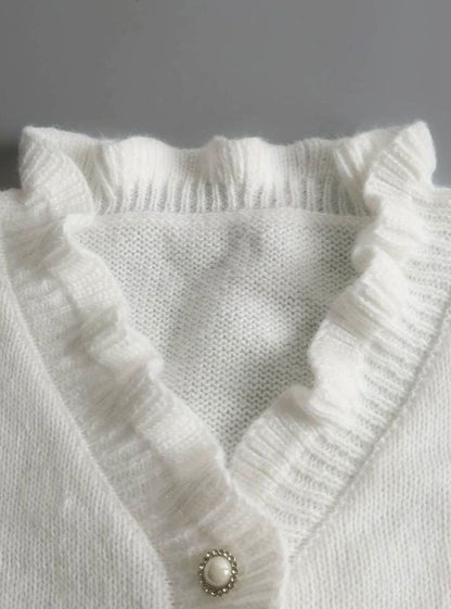 Damen Eleganter Pullover Klassischer Rüschen V-Ausschnitt Strickjacke