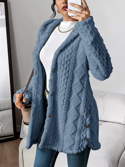 Damen Flauschiger Kapuzen-Cardigan Oversized Geknöpft - Denim Blue