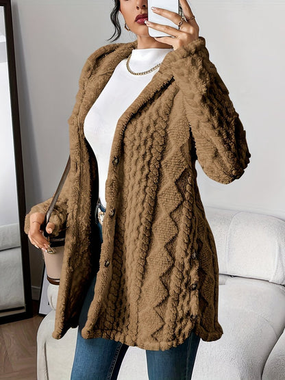 Damen Flauschiger Kapuzen-Cardigan Oversized Geknöpft - Brown
