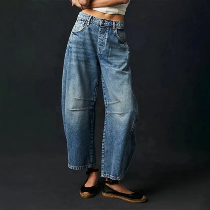 Damen High-Waist Barrel-Leg Relaxed-Fit Jeans - Dark Blue