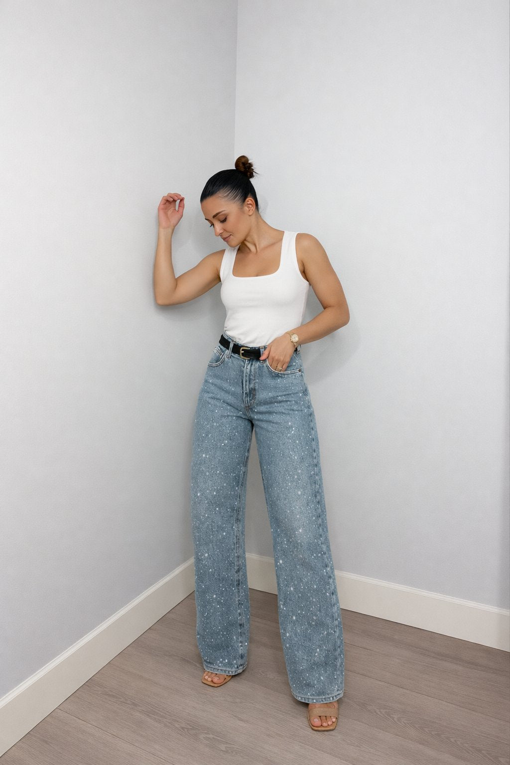 Damen High-Waist Straight-Leg Glitzer-Jeans