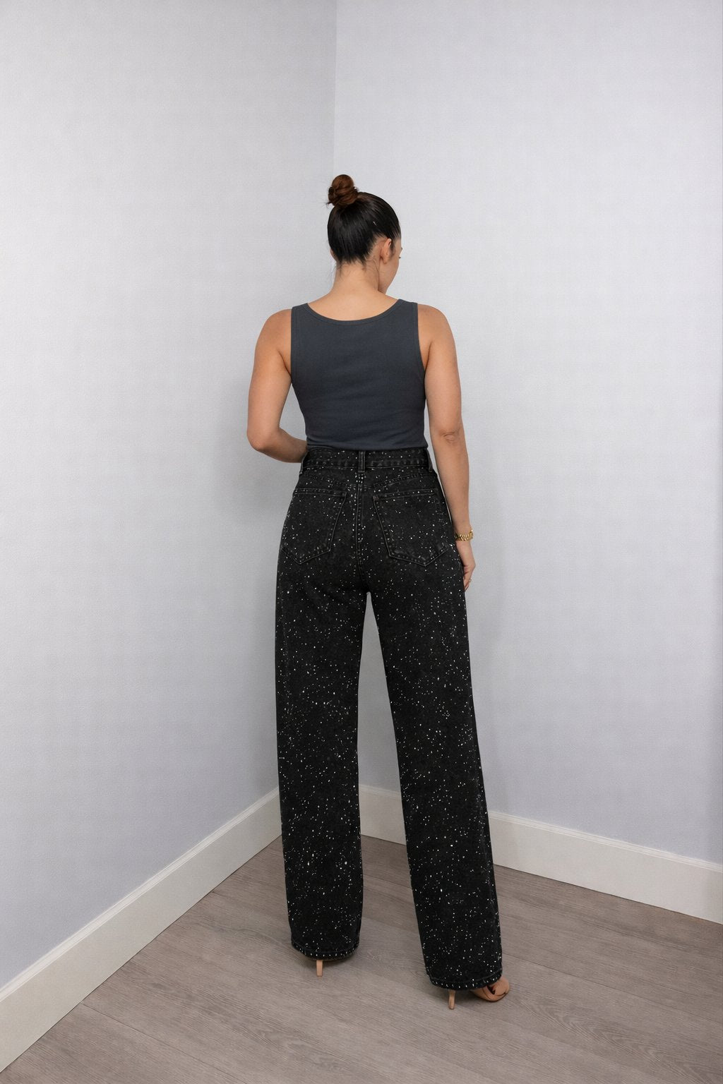 Damen High-Waist Straight-Leg Glitzer-Jeans