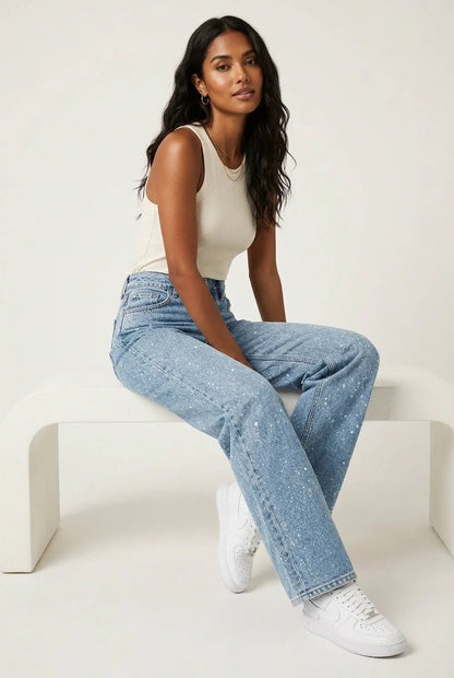 Damen High-Waist Straight-Leg Glitzer-Jeans - Blau