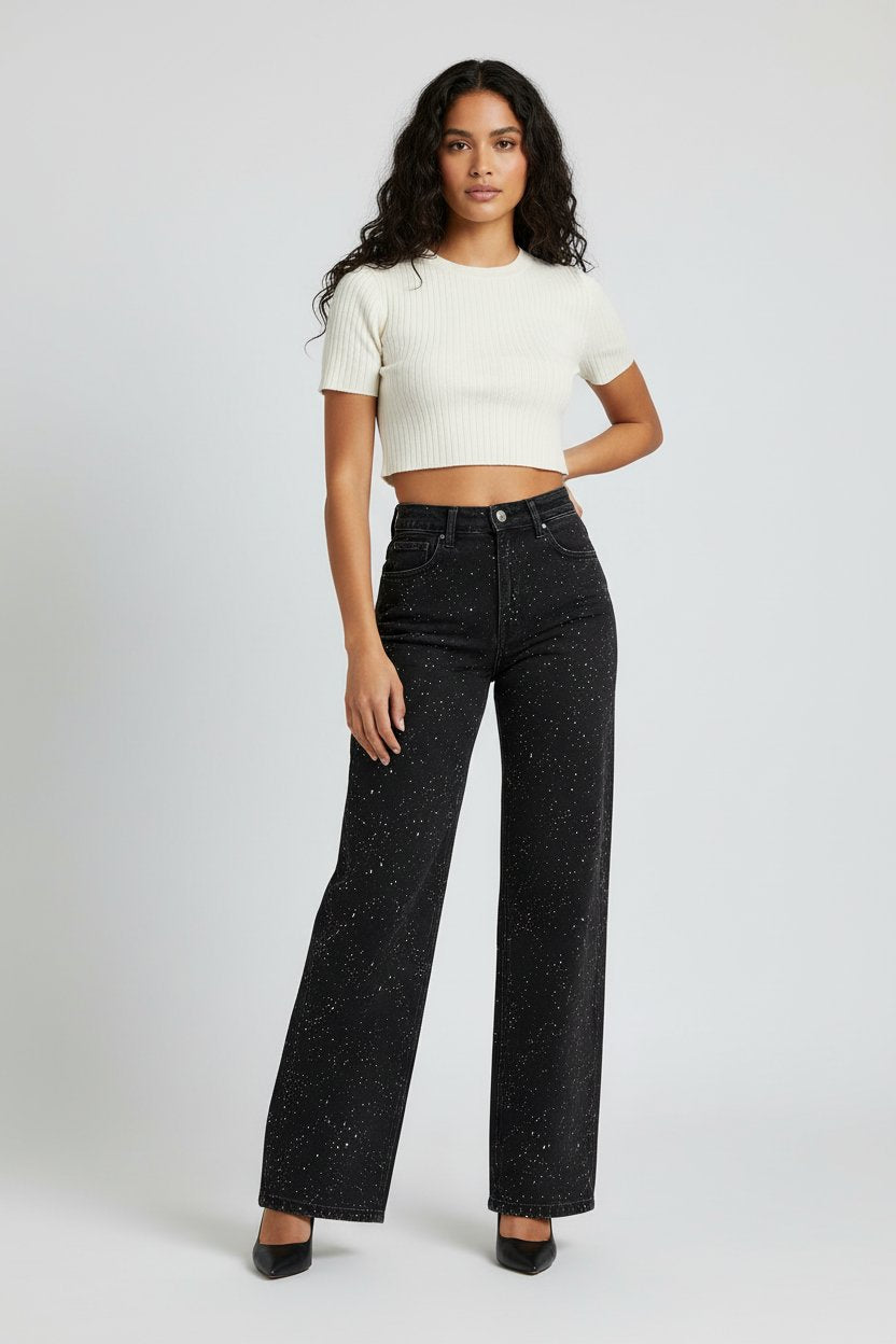 Damen High-Waist Straight-Leg Glitzer-Jeans - Schwarz