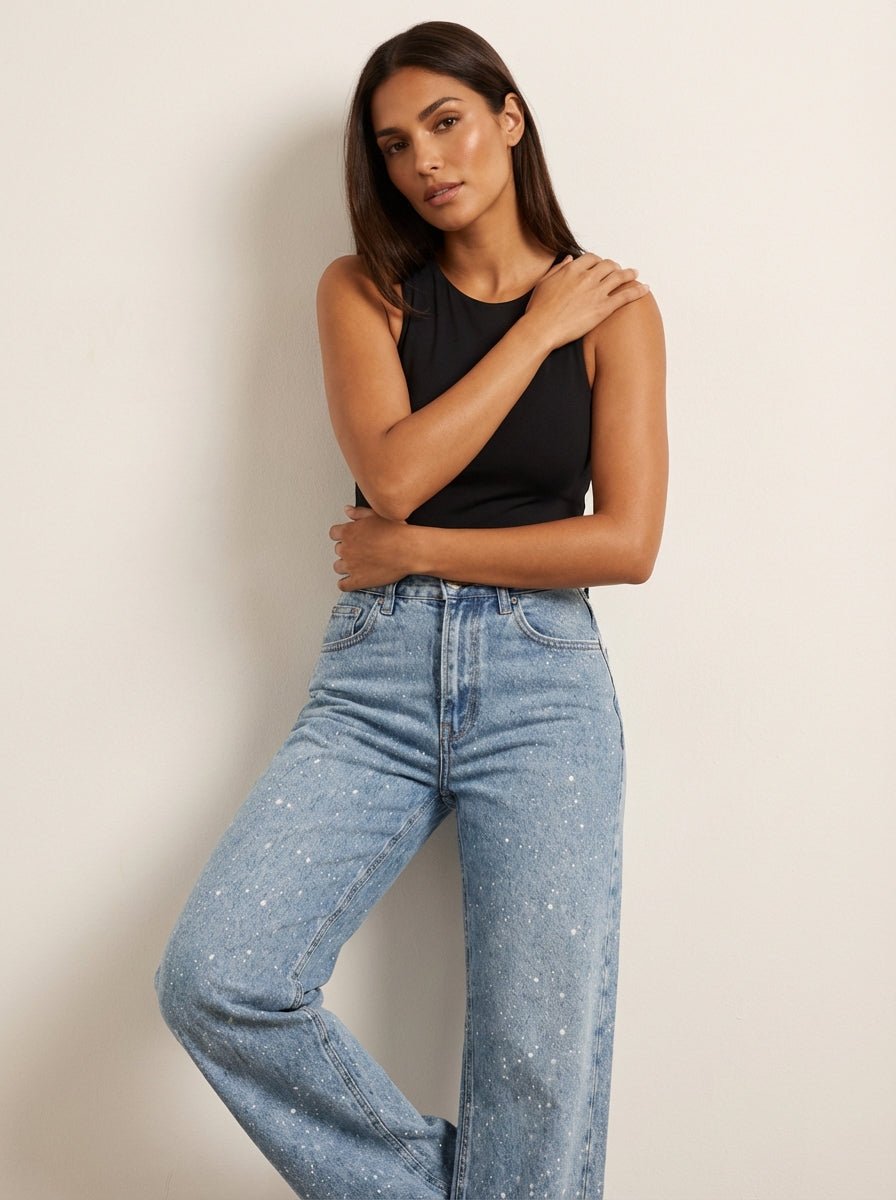 Damen High-Waist Straight-Leg Glitzer-Jeans