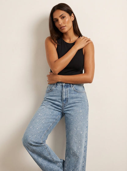 Damen High-Waist Straight-Leg Glitzer-Jeans