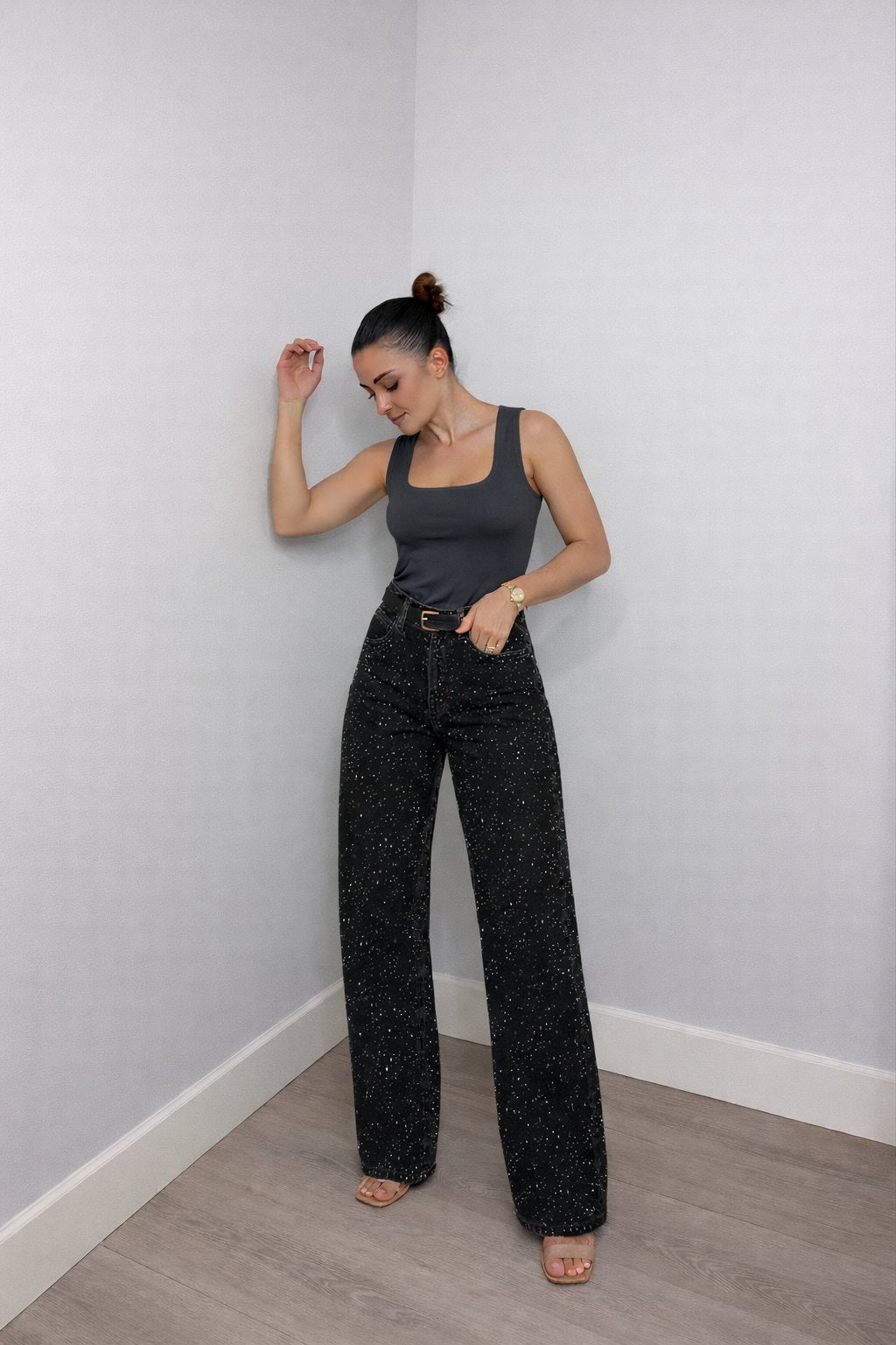 Damen High-Waist Straight-Leg Glitzer-Jeans