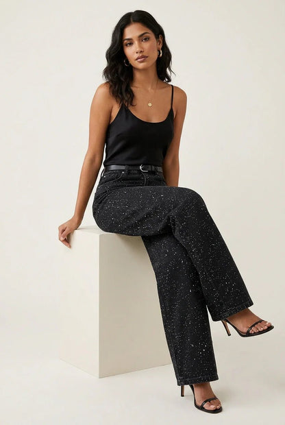 Damen High-Waist Straight-Leg Glitzer-Jeans