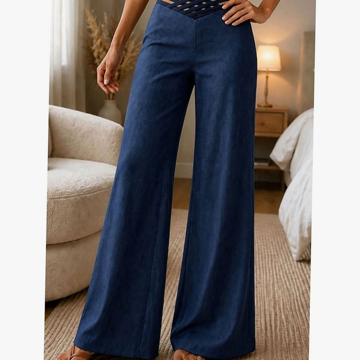 Damen High-Waist Wide-Leg Hose mit Crossover-Bund - Navyblau