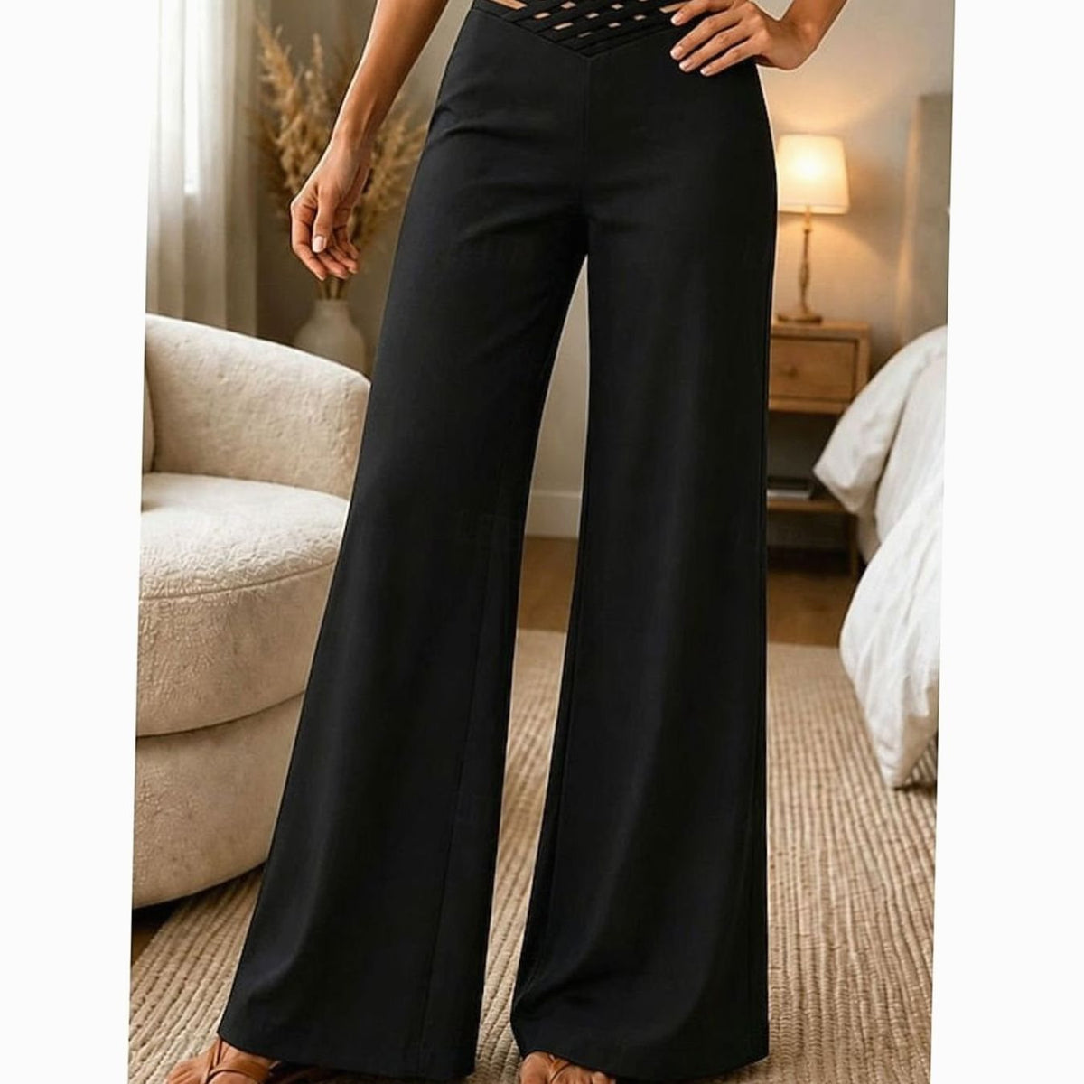Damen High-Waist Wide-Leg Hose mit Crossover-Bund - Schwarz