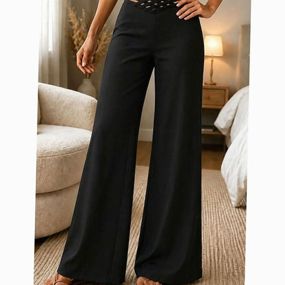 Damen High-Waist Wide-Leg Hose mit Crossover-Bund - Schwarz