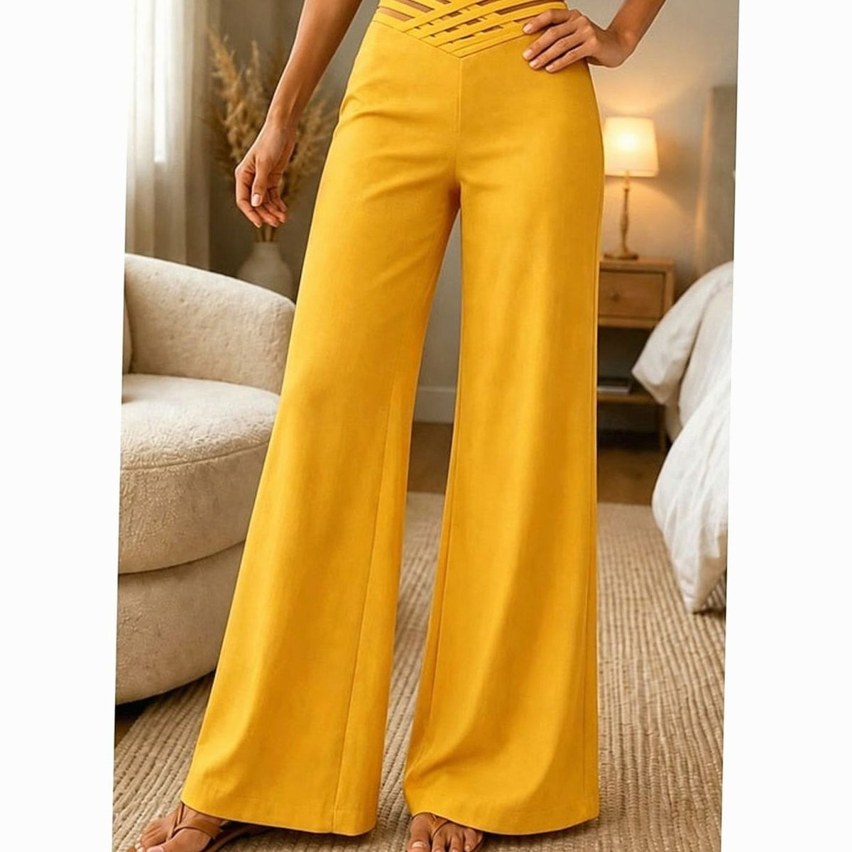 Damen High-Waist Wide-Leg Hose mit Crossover-Bund - Gelb