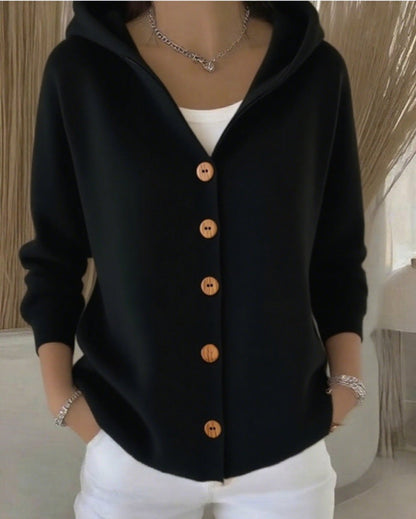 Damen Kapuzen-Cardigan mit Knopfleiste Relaxed Fit Langarm - Black
