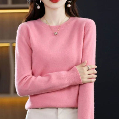 Damen Klassischer Rundhals Langarm Strickpullover Cashmere-Soft - Rosa