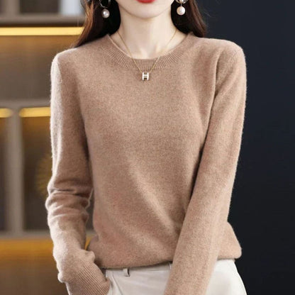 Damen Klassischer Rundhals Langarm Strickpullover Cashmere-Soft - Tiefes Kamelbraun
