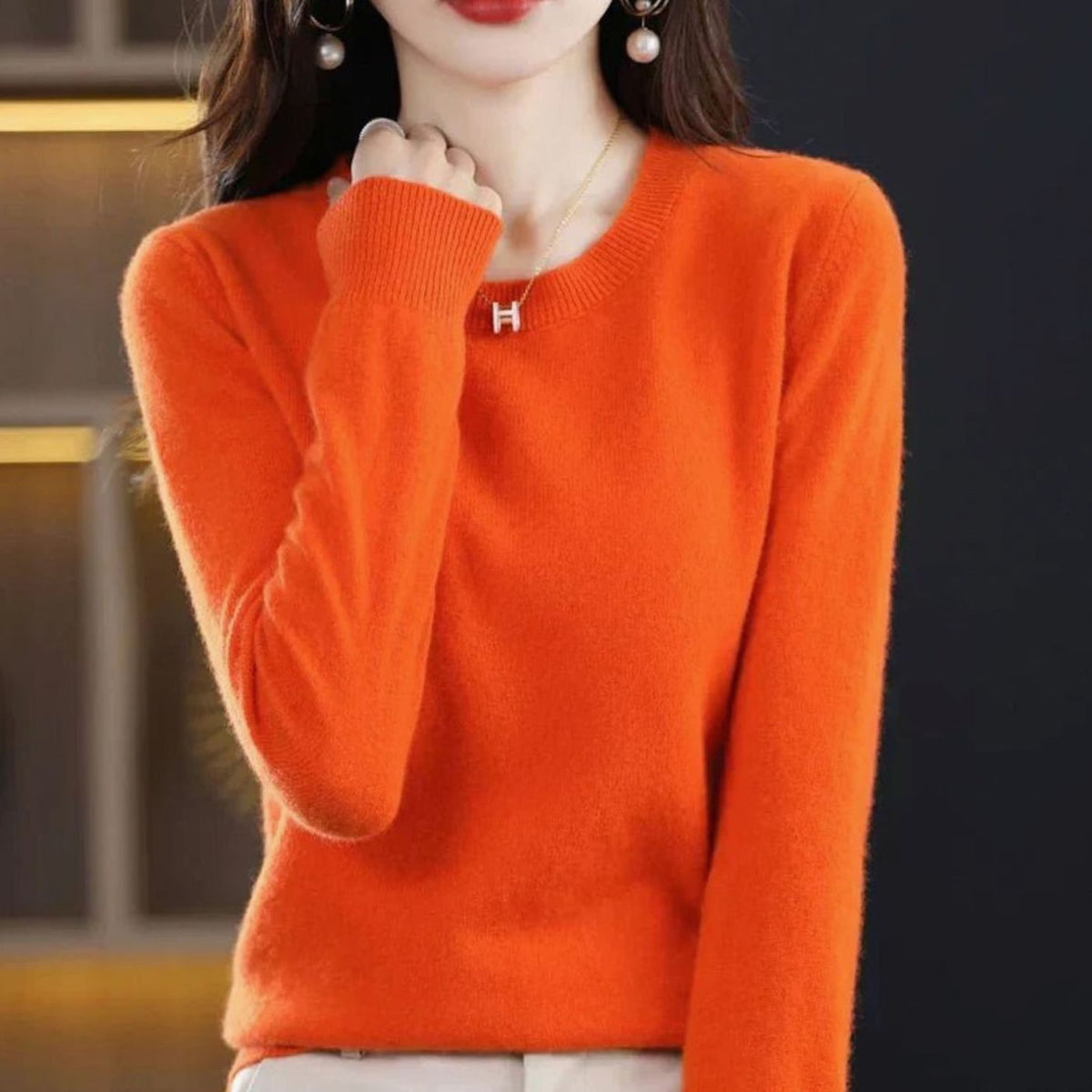 Damen Klassischer Rundhals Langarm Strickpullover Cashmere-Soft - Orange