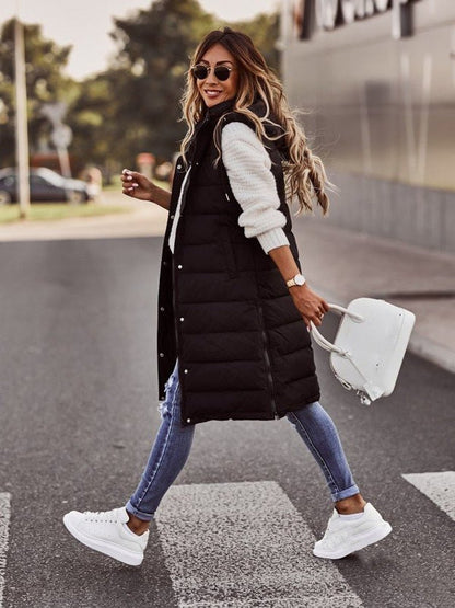 Damen Knielange Gesteppte Ärmellose Kapuzen Puffer Vest Women