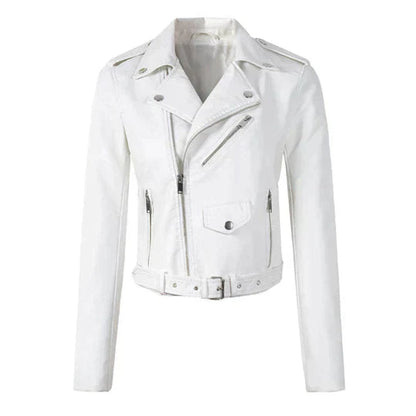 Damen Kunstleder Bikerjacke Kurzjacke mit Reißverschluss - Weiß