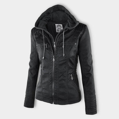 Damen Kunstleder Kapuzenjacke mit Reißverschluss Taillierter Women Coat