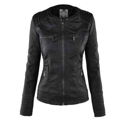 Damen Kunstleder Kapuzenjacke mit Reißverschluss Taillierter Women Coat