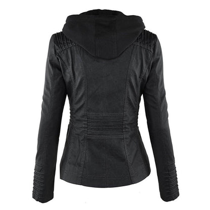 Damen Kunstleder Kapuzenjacke mit Reißverschluss Taillierter Women Coat