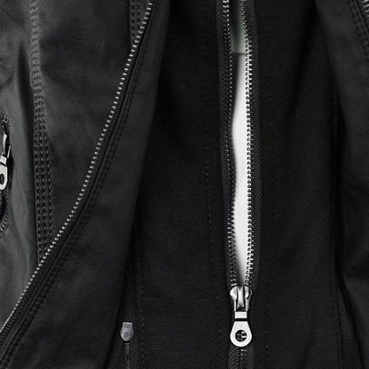 Damen Kunstleder Kapuzenjacke mit Reißverschluss Taillierter Women Coat