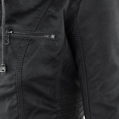 Damen Kunstleder Kapuzenjacke mit Reißverschluss Taillierter Women Coat