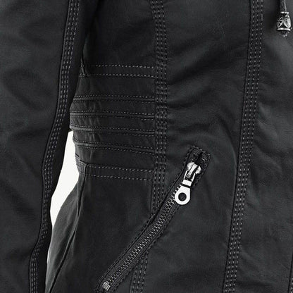 Damen Kunstleder Kapuzenjacke mit Reißverschluss Taillierter Women Coat