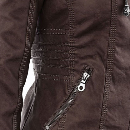 Damen Kunstleder Kapuzenjacke mit Reißverschluss Taillierter Women Coat