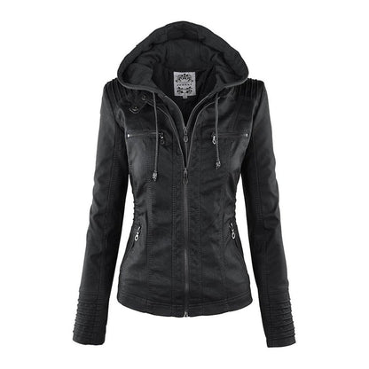 Damen Kunstleder Kapuzenjacke mit Reißverschluss Taillierter Women Coat